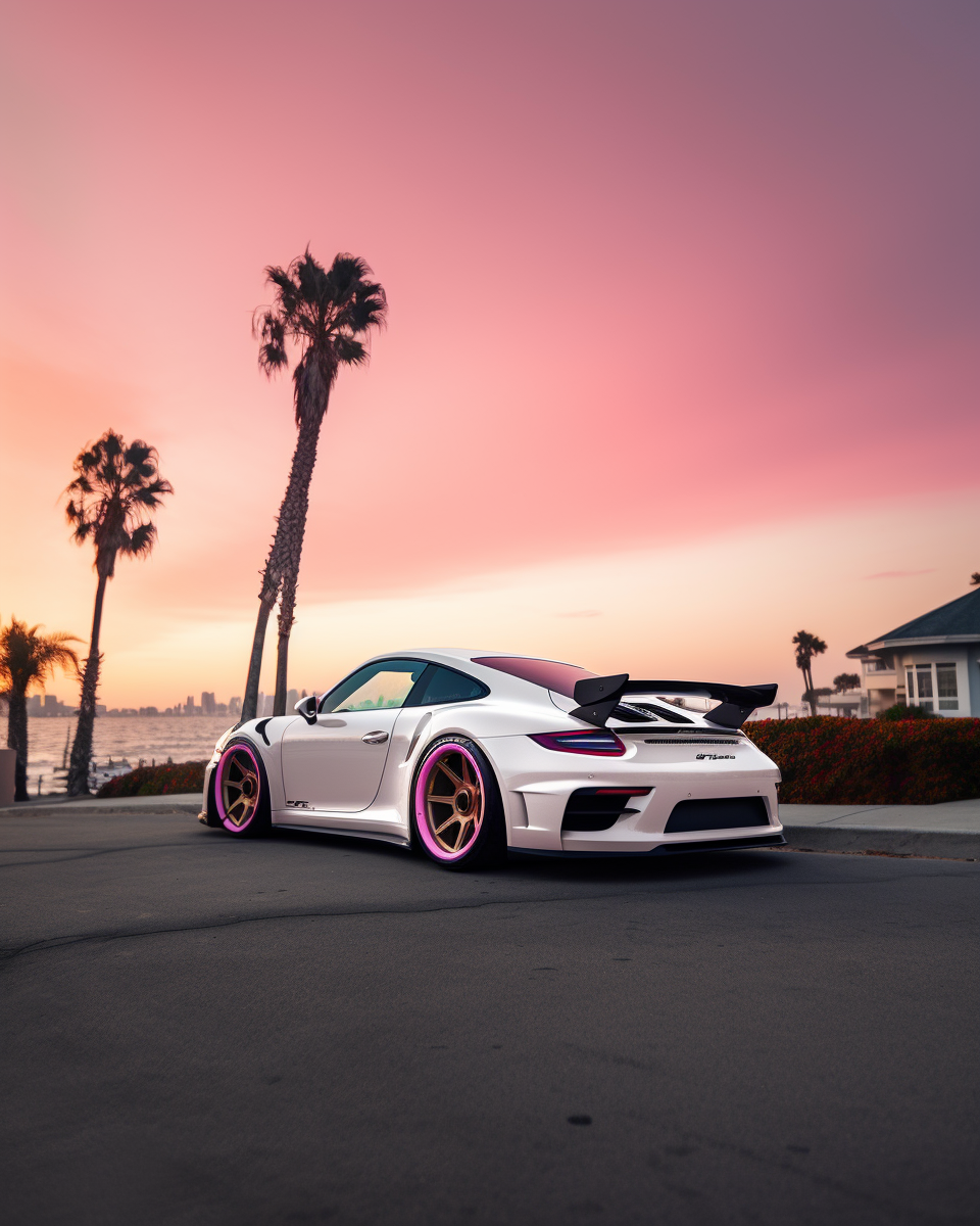 A vibrant, modified white and pink Porsche 992