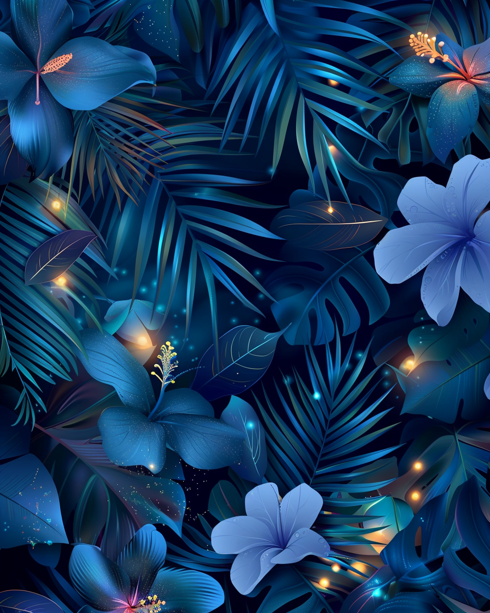 A vibrant blue tropical plant and flower illustration.