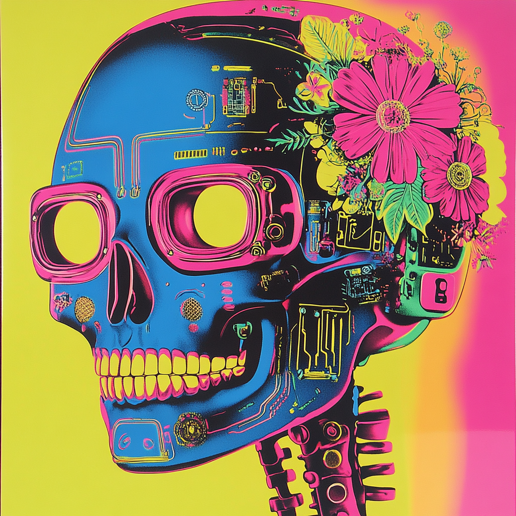 A vibrant robotic Catrina in pop art style