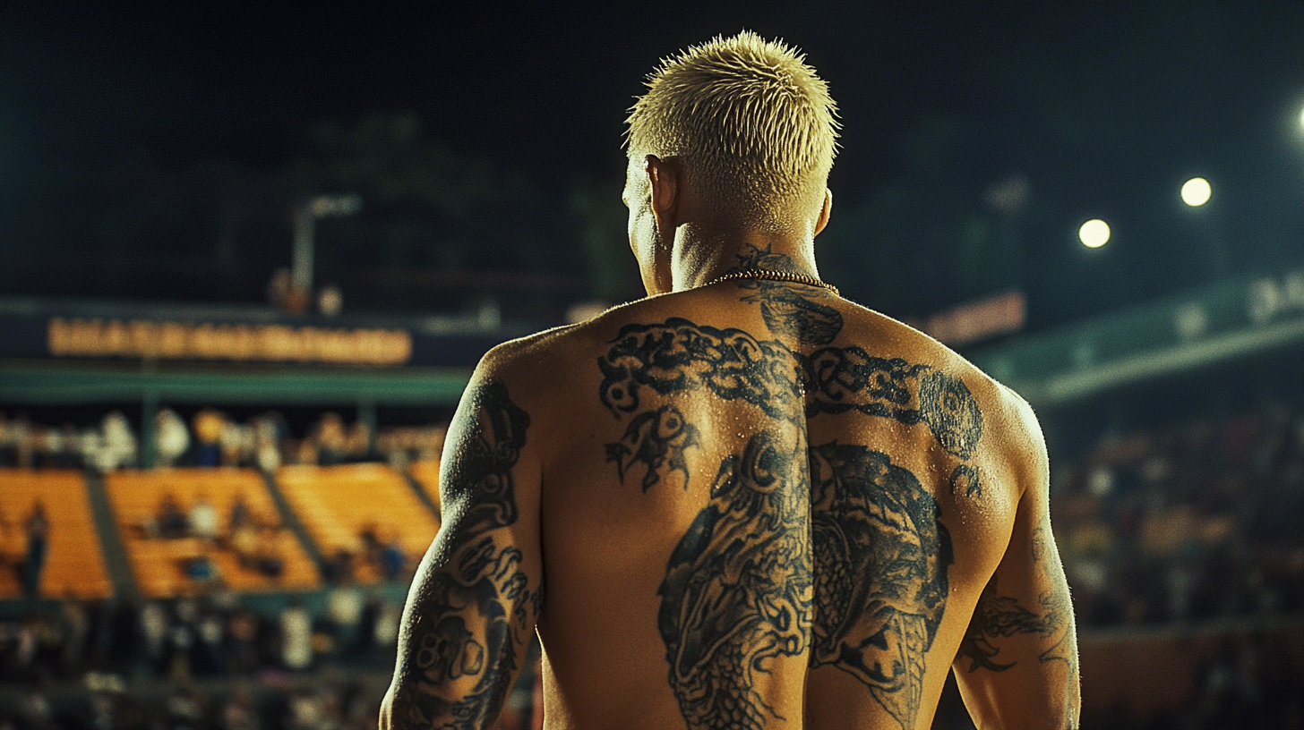 A victorious blonde Thai boxer in Lumpini Stadium