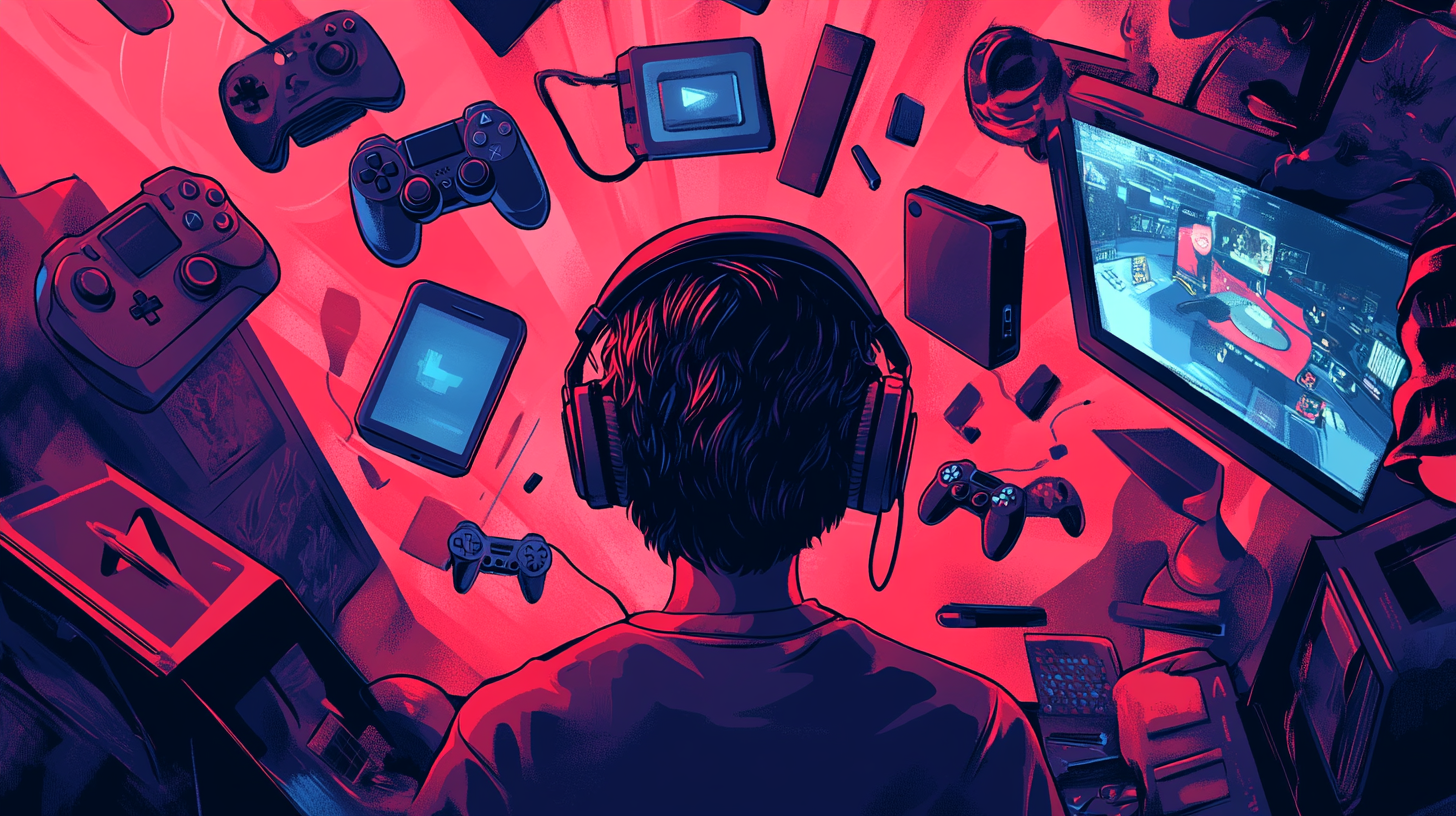 A video gamer surrounded by gaming tools in vivid colors.