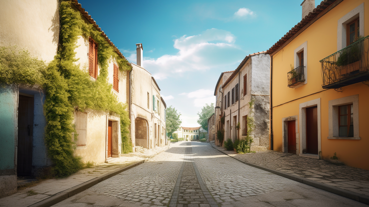 A village and street meeting in vibrant landscape