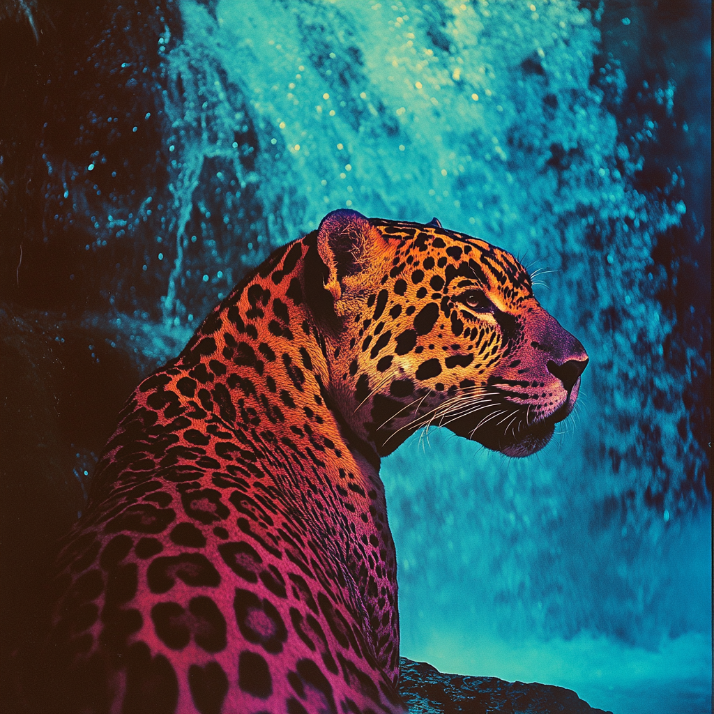 A vintage camera's photo of a jaguar near waterfall