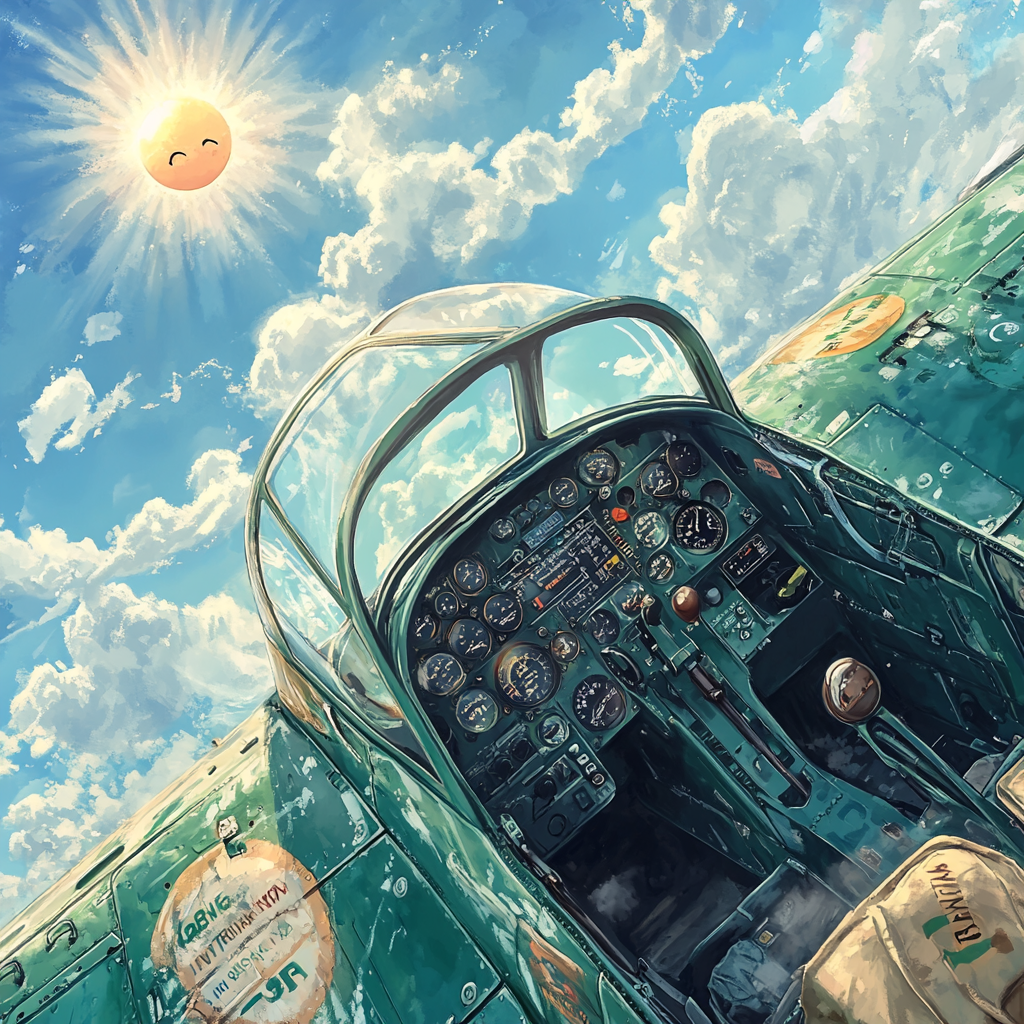 A vintage fighter plane cockpit in clear blue sky