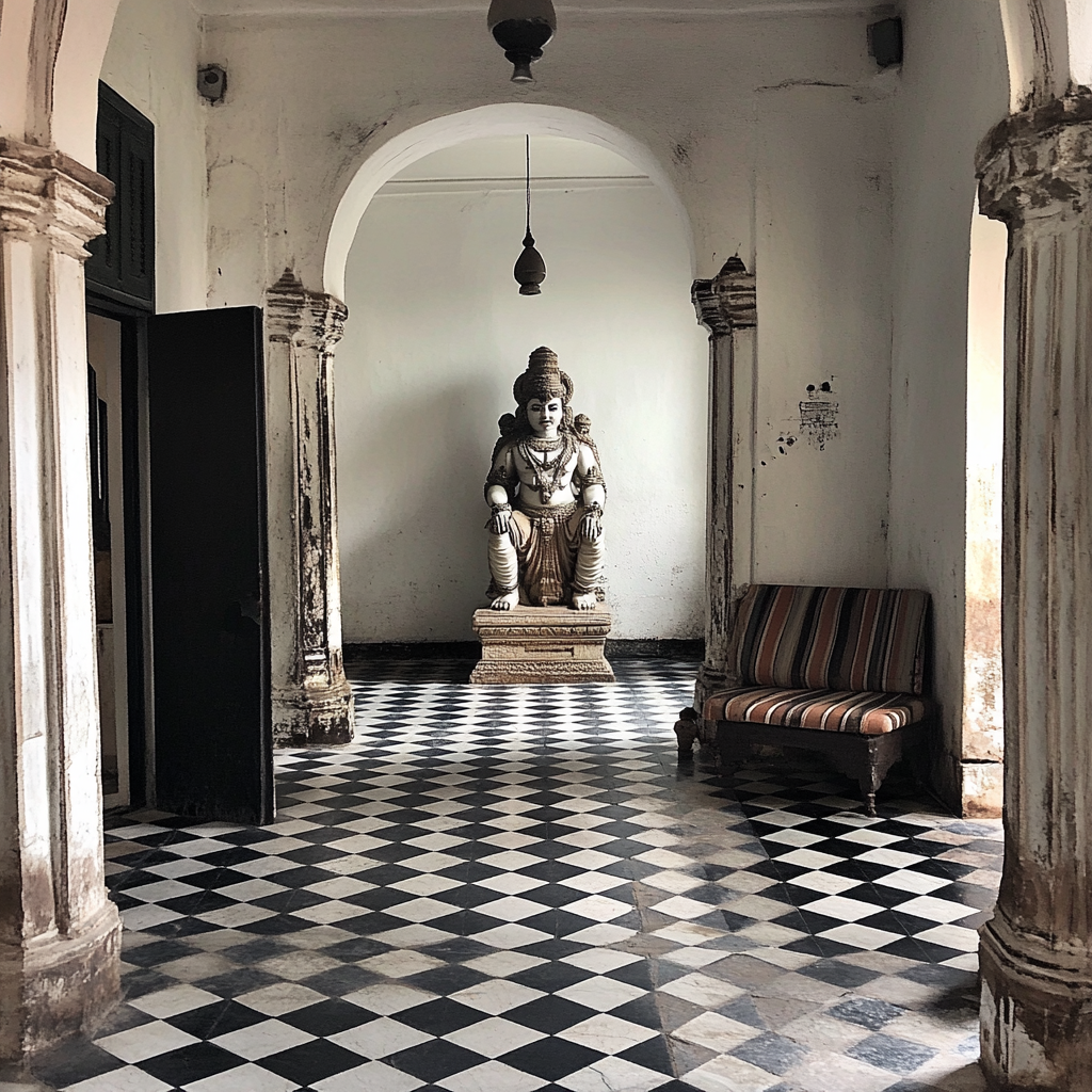 A vintage hall with a Kalabhairava sculpture