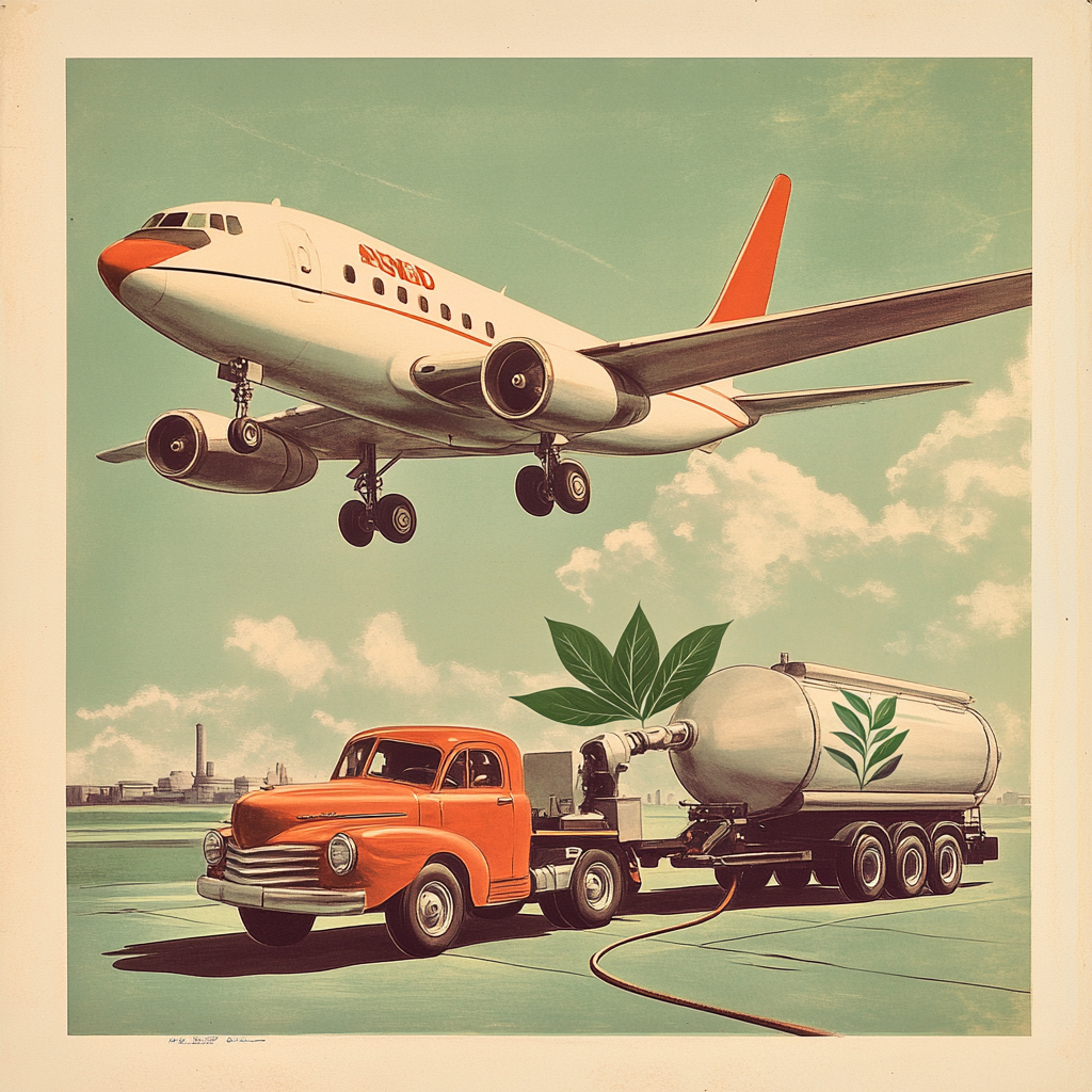 A vintage poster shows airplane getting refueled. Sustainable fuel.