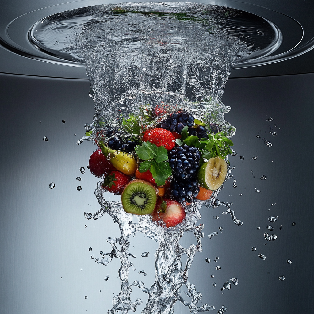 A vortex of water with mixed fruits and vegetables