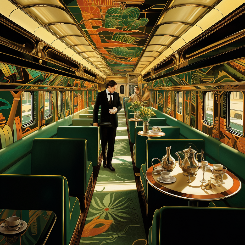 A waiter serving champagne in a fancy train.