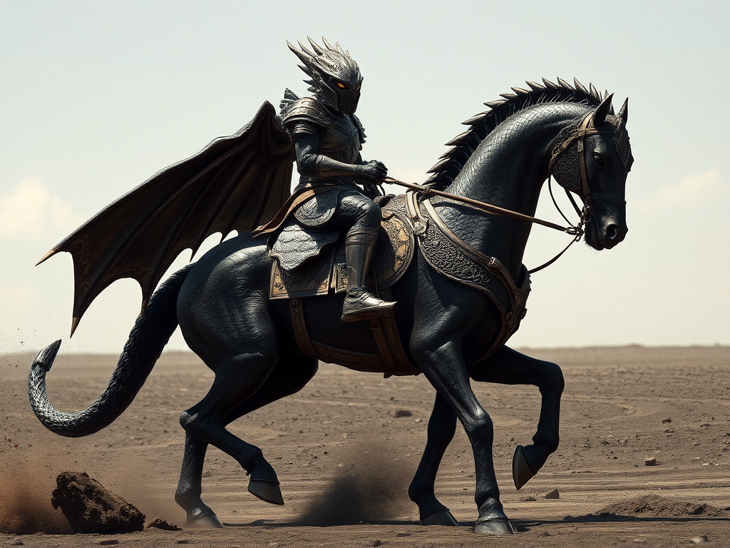 A warrior astride an ebony horse prepares for battle.