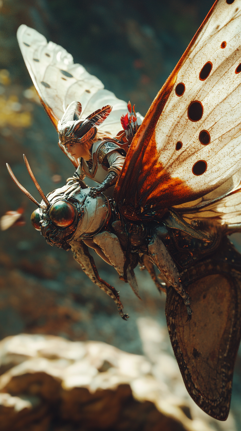 A warrior riding moth: detailed, realistic, vivid.