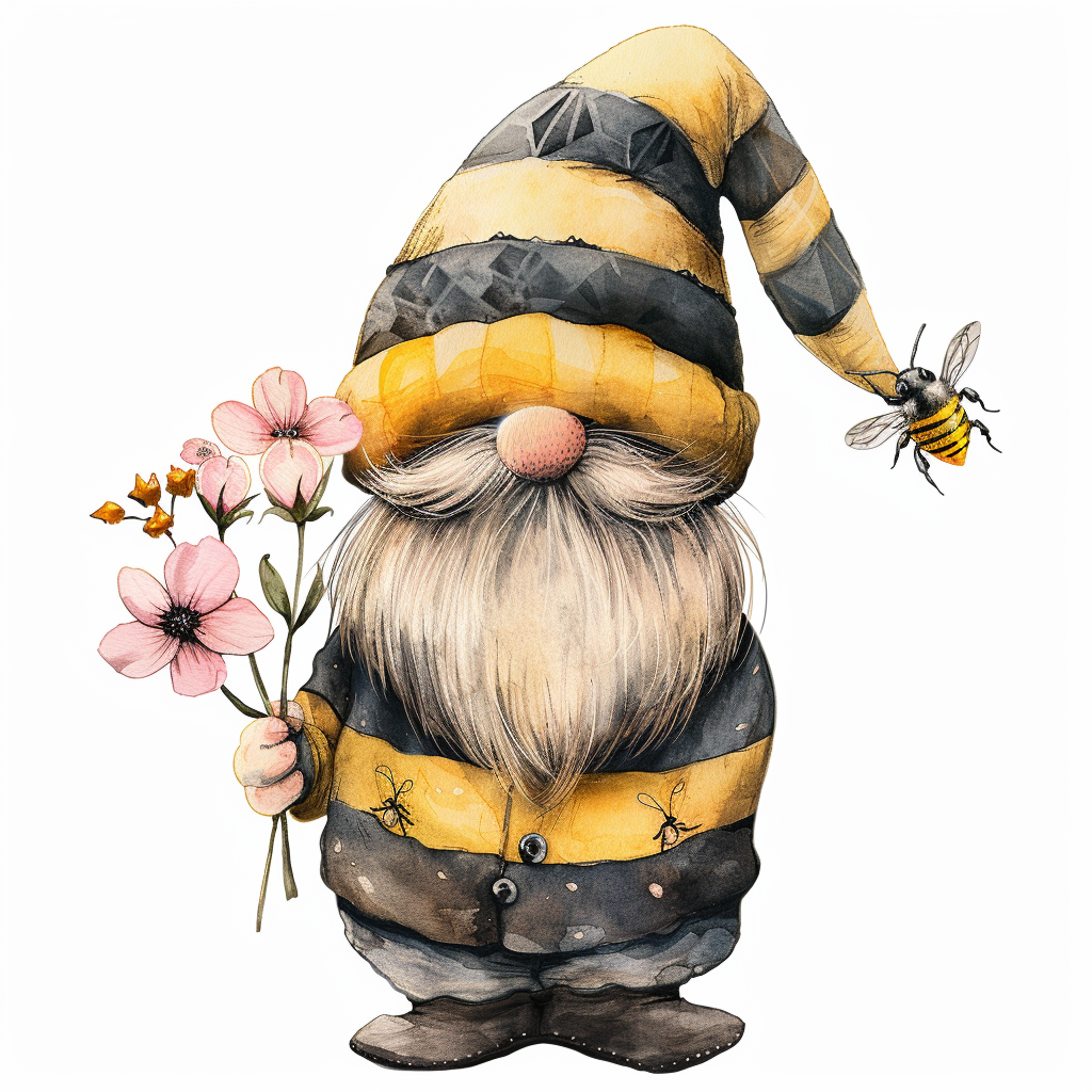 A watercolor gnome in bee-themed attire with flowers