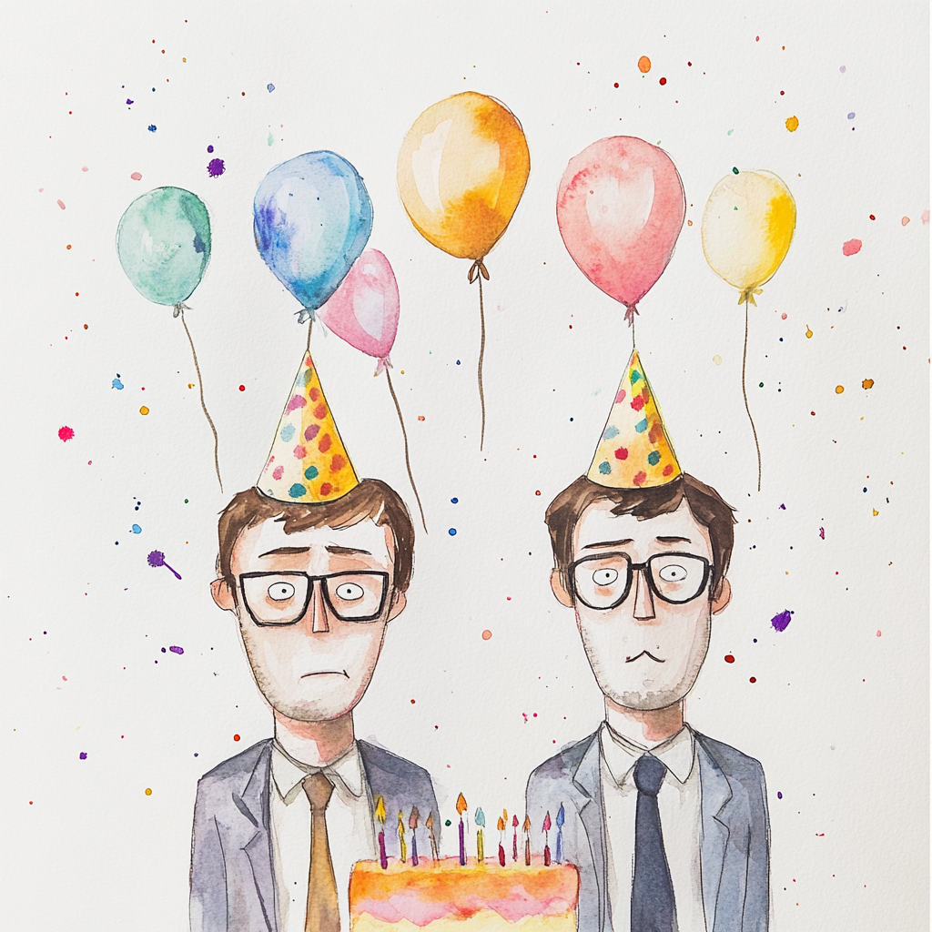 A watercolor painting of two Office characters on a birthday cake.