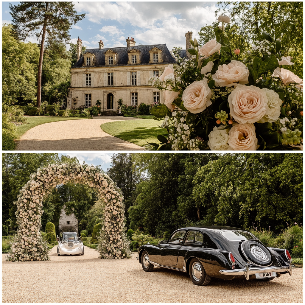 A wedding ceremony at luxurious castle garden.