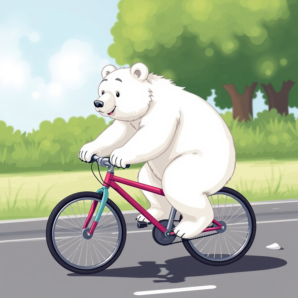 A white bear riding a bicycle.