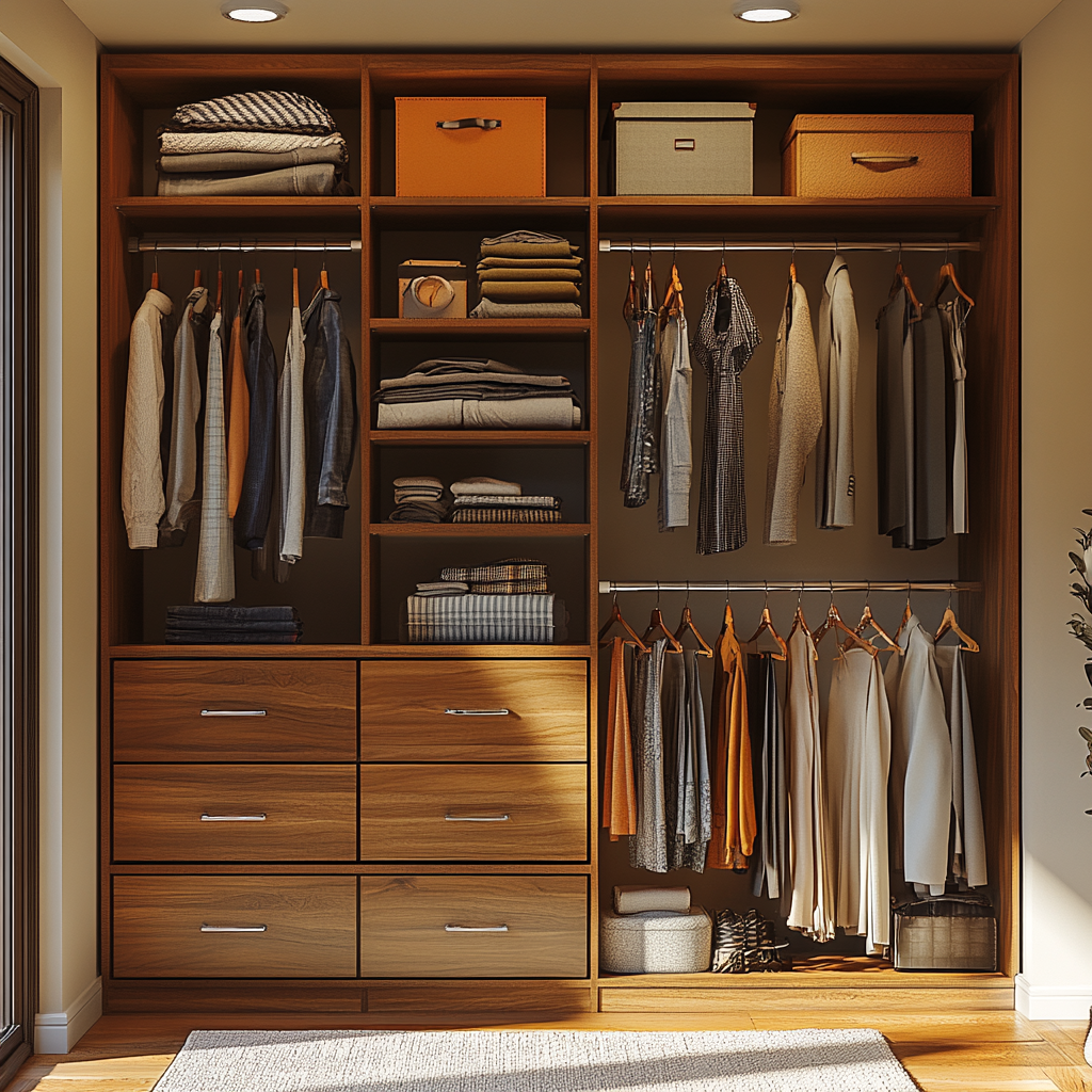 A wide, tall closet with drawers and shelves.