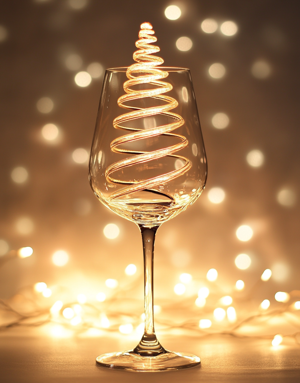 A wine glass with Christmas tree stem, festive background