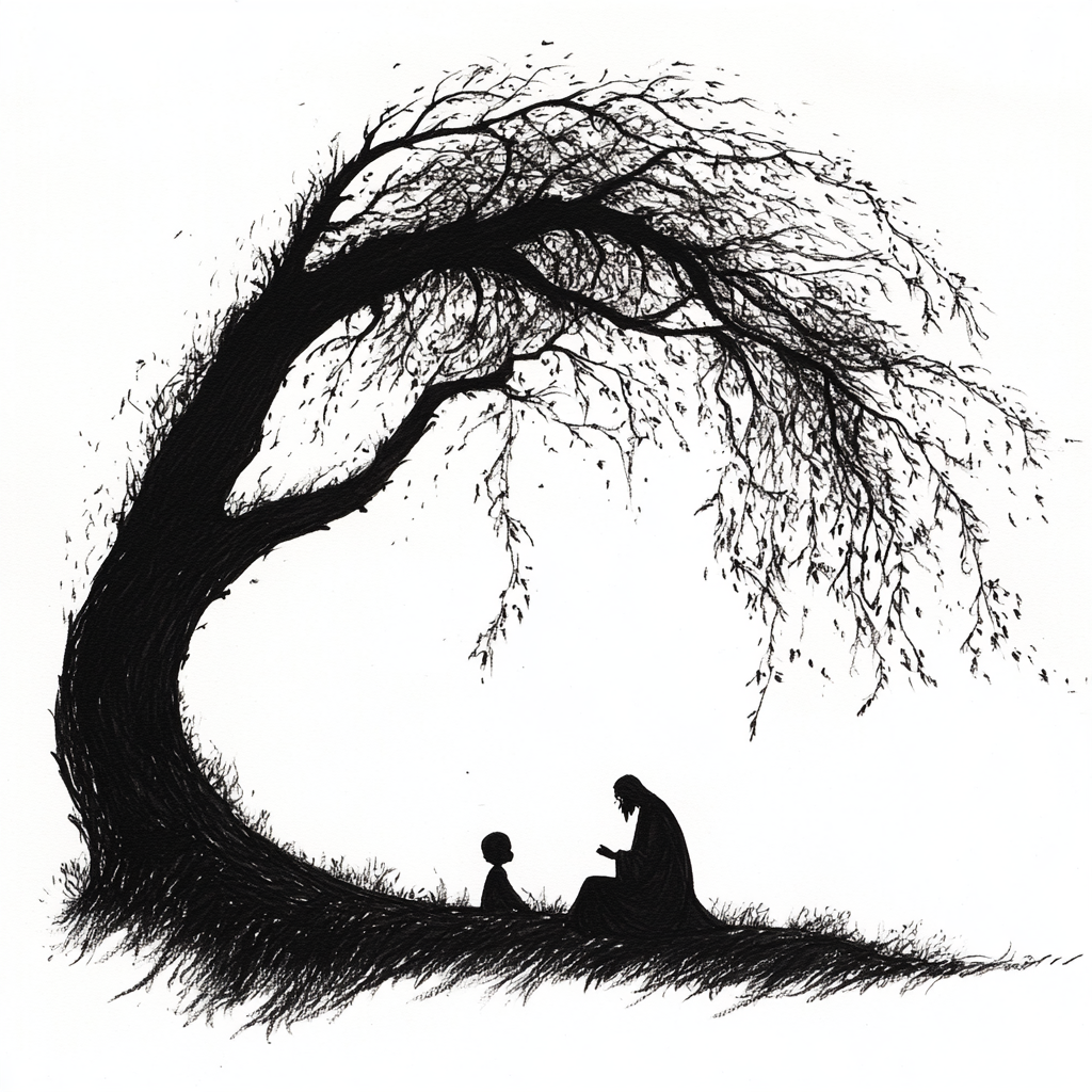 A wise sage and child under old tree