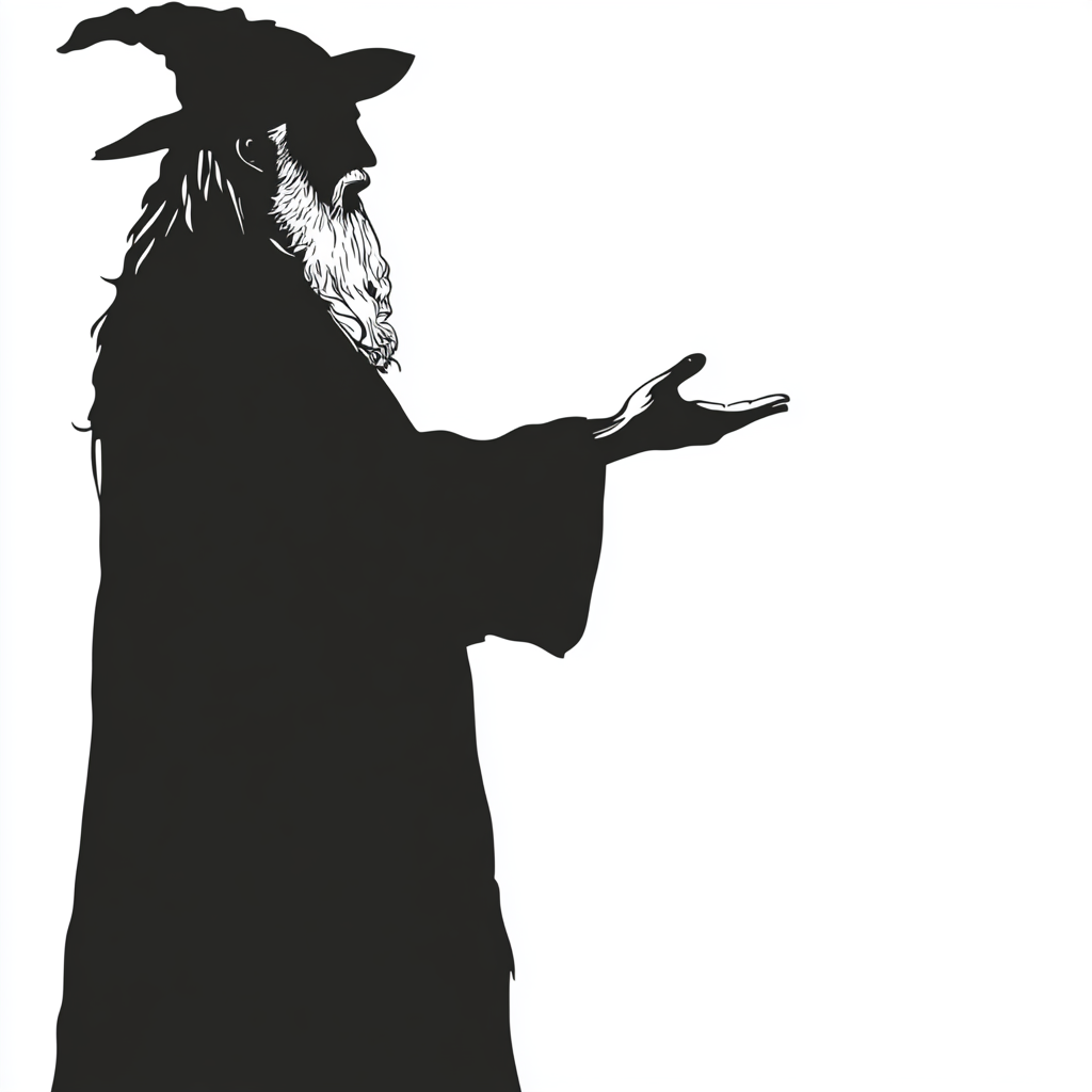 A silhouette of a wise wizard