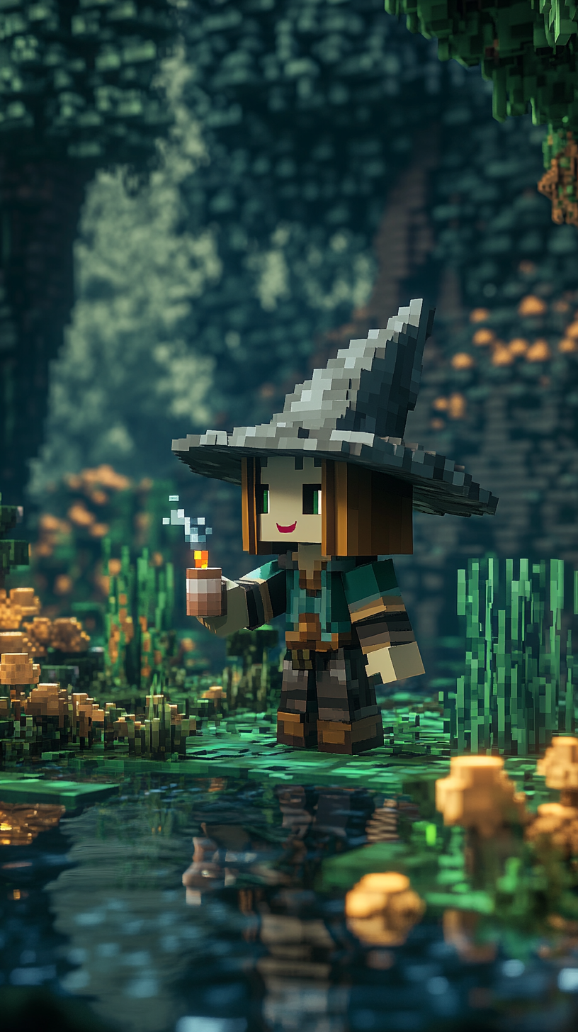 A witch Alex in Minecraft swamp with potion.