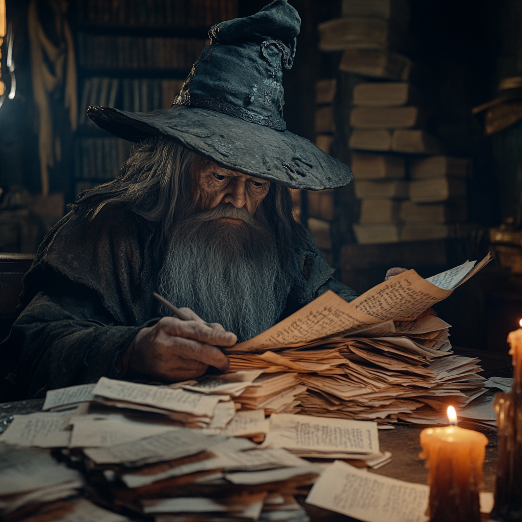 A wizard looking stressed in dusty room