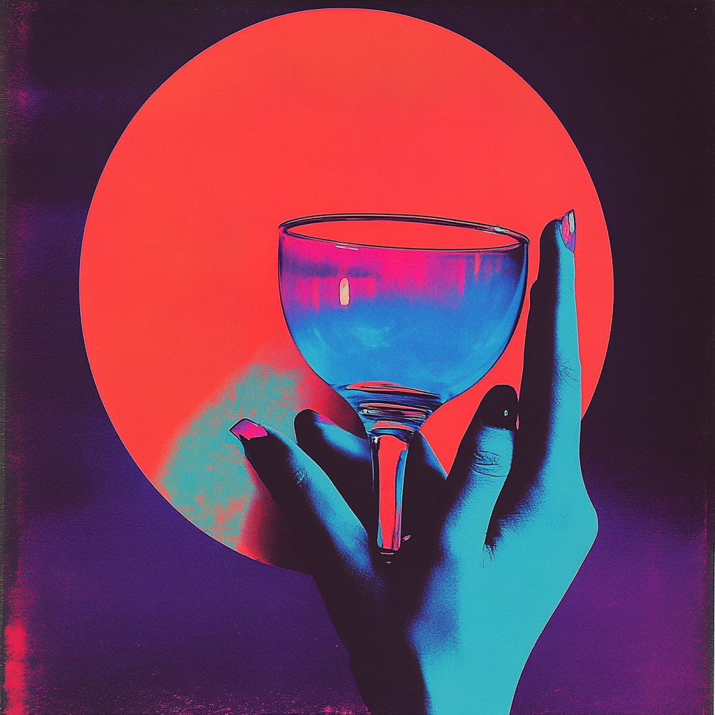 A woman's hand holds blue glass, colorful Andy Warhol-style