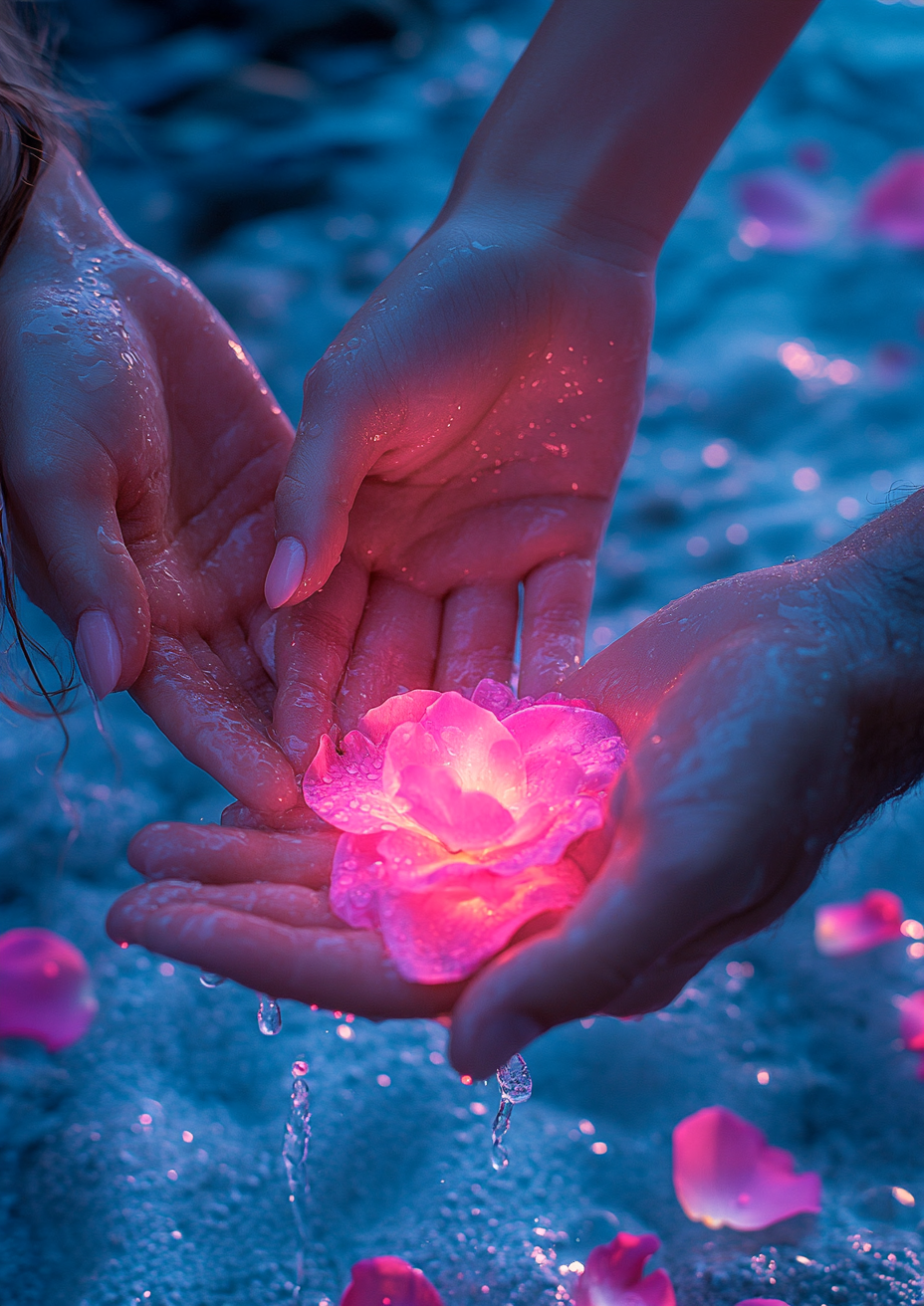 A woman's hand throws rose petals to man.