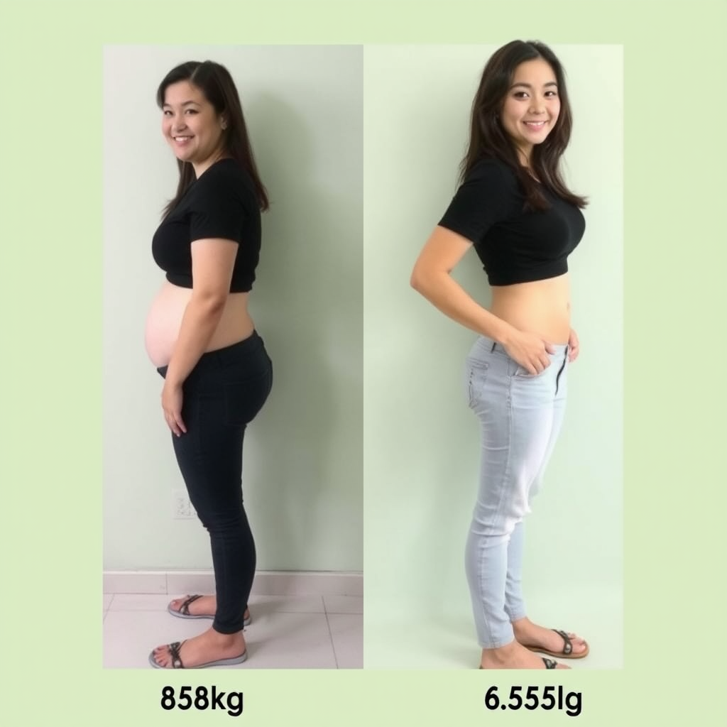 A woman's weight loss journey from 86kg to 65kg.