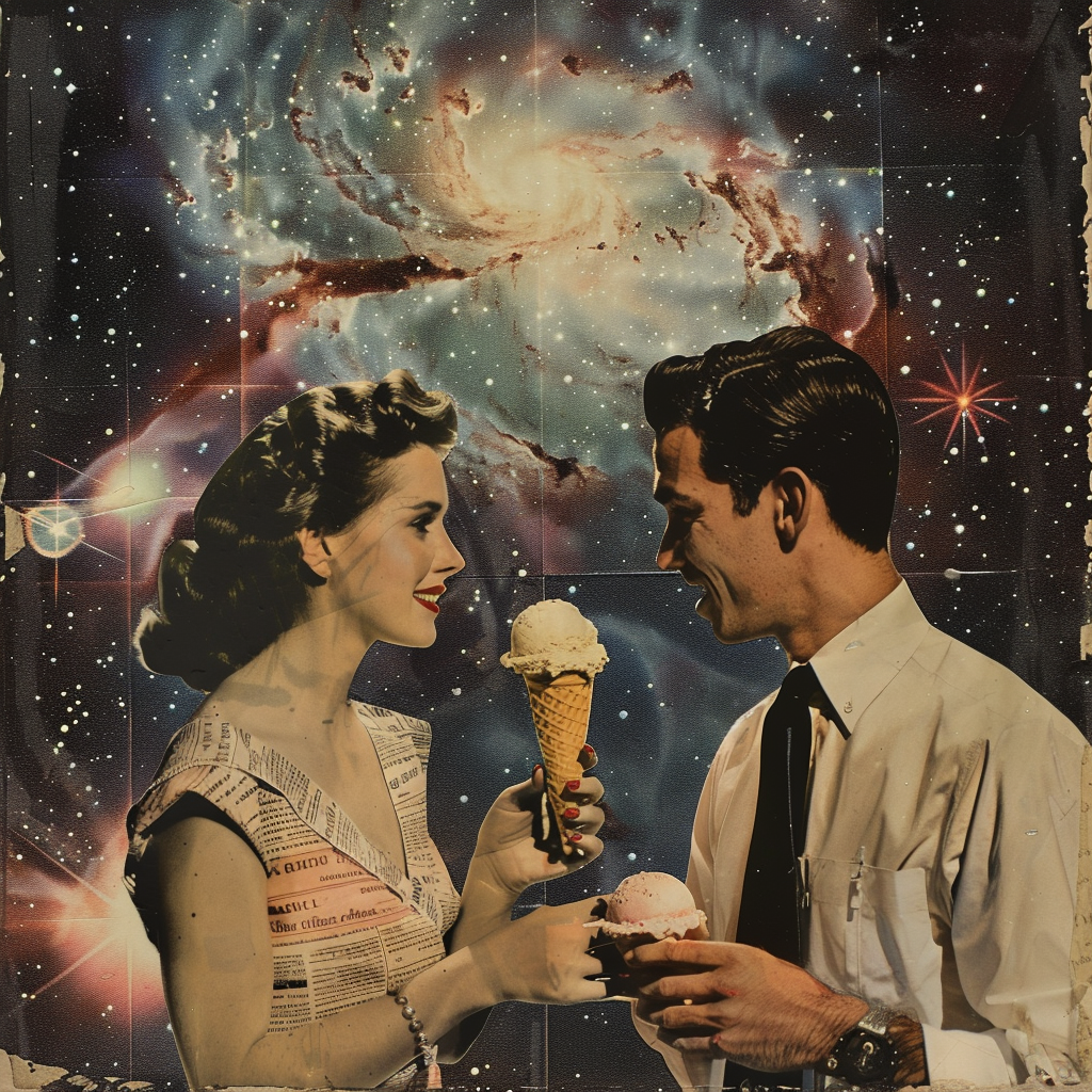 A woman and man share ice cream under stars.