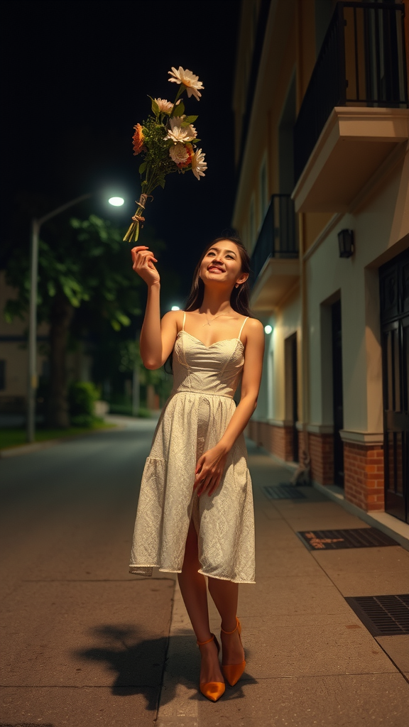 A woman catches flowers from a balcony.