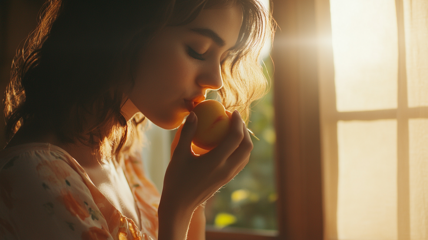 A woman eating a peach with ominous house view