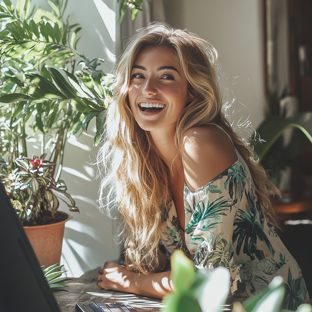 A woman excitedly looking at computer in sunny room