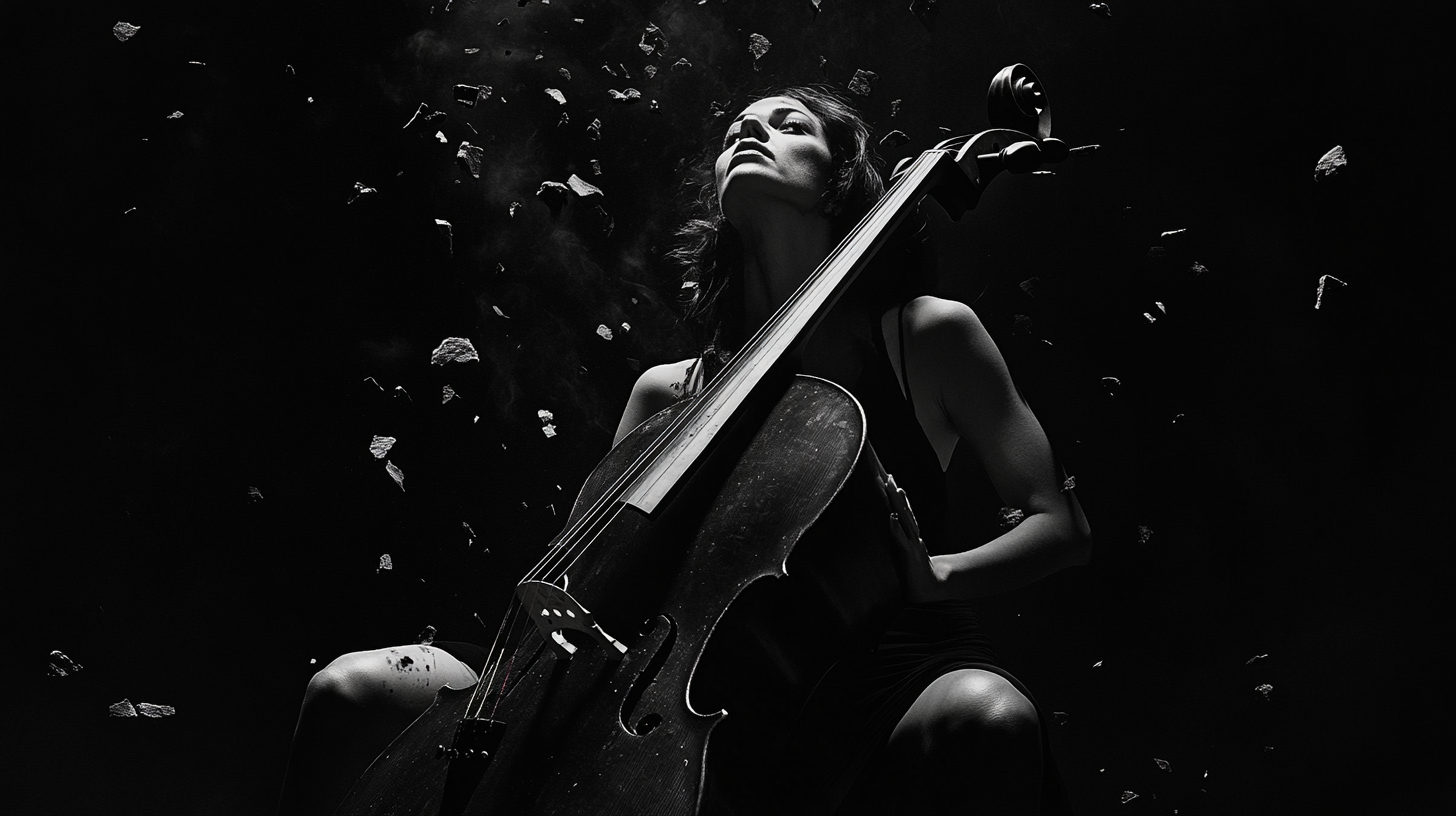 A woman holding a cello in Black and White