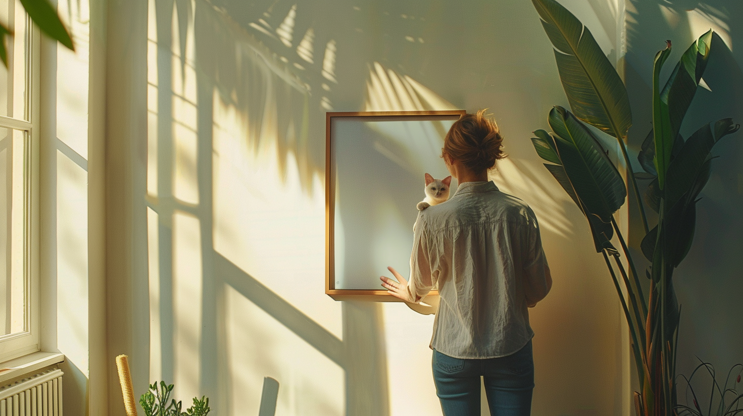 A woman holds a cat by a blank frame.