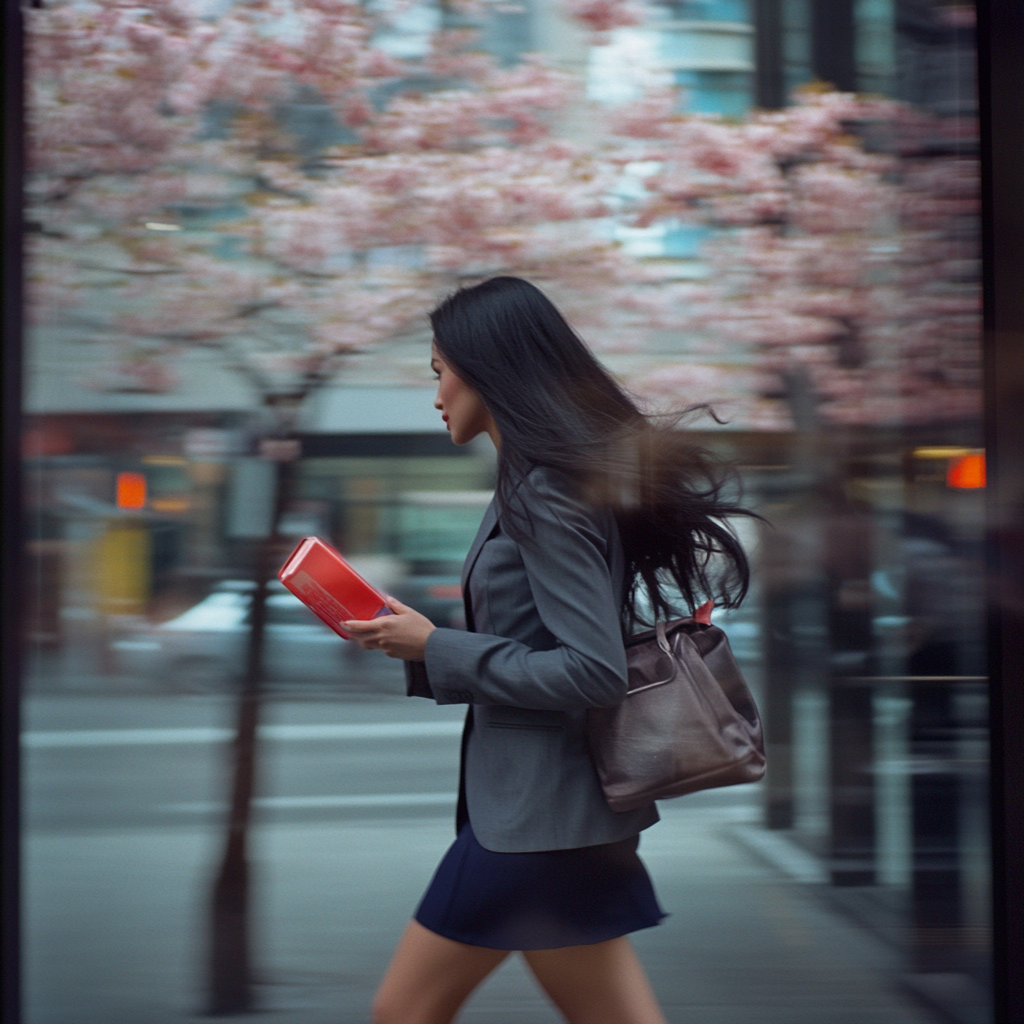 A woman in a business district with cherry blossoms.