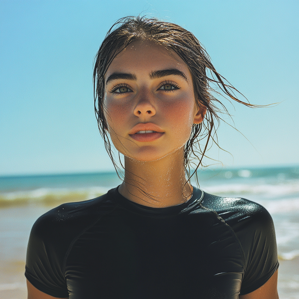 A woman in black shirt on sunny beach