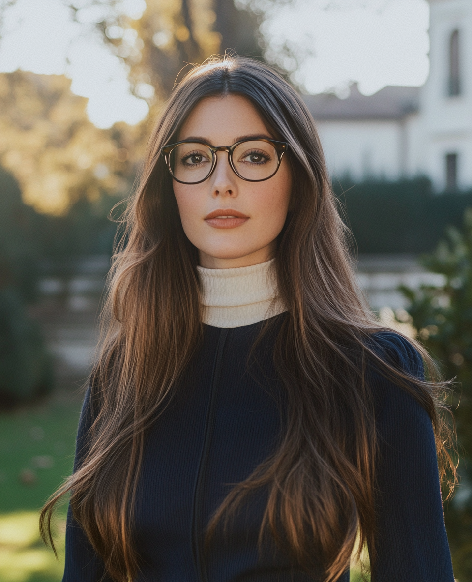 A woman in blue dress with glasses in garden