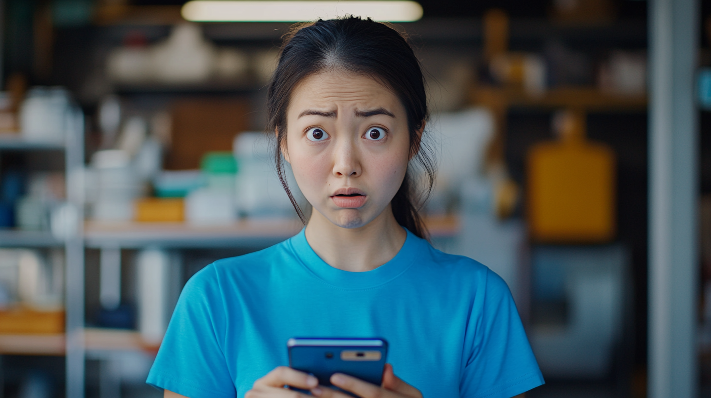 A woman in blue shirt makes funny face