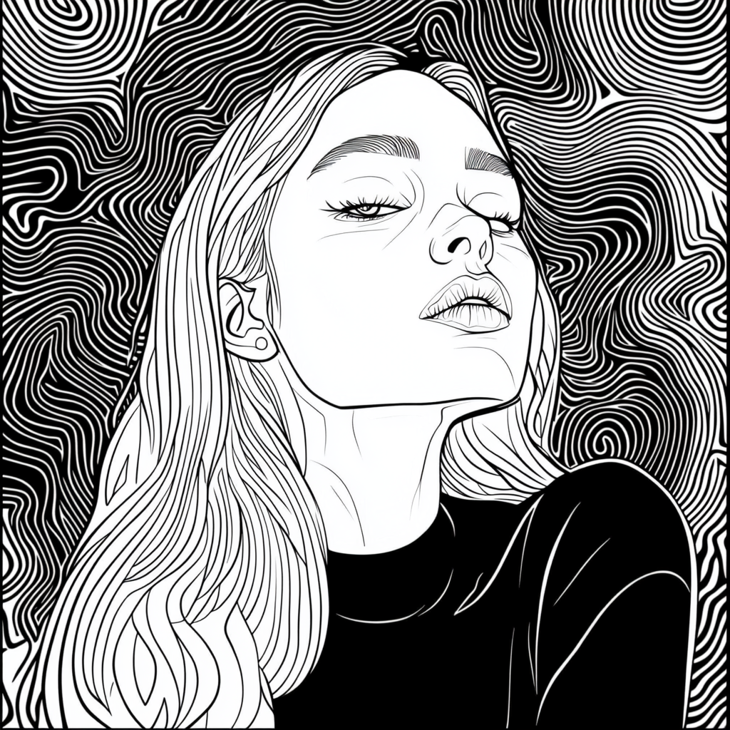 A woman in coloring book style with trippy background