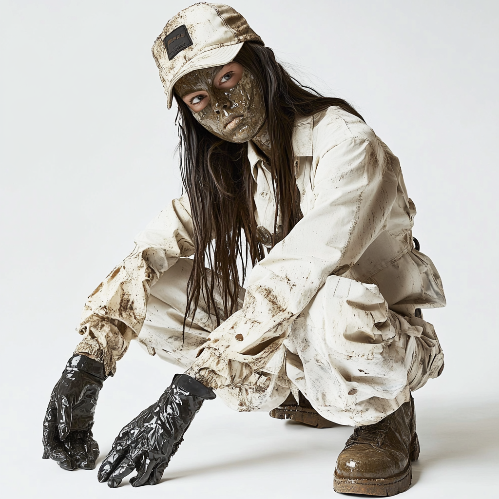 A woman in dirty clothes modeling streetwear outfit