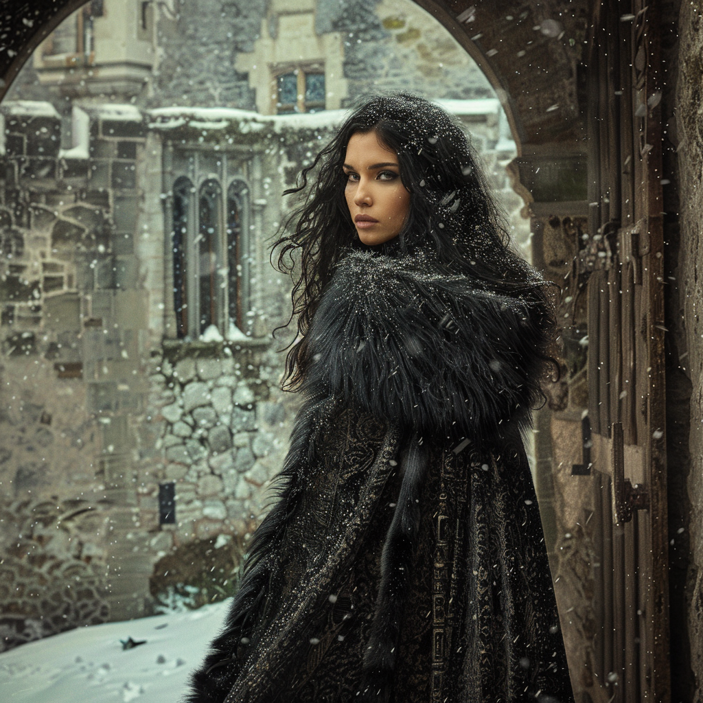 A woman in fur cloak stands in snowy castle