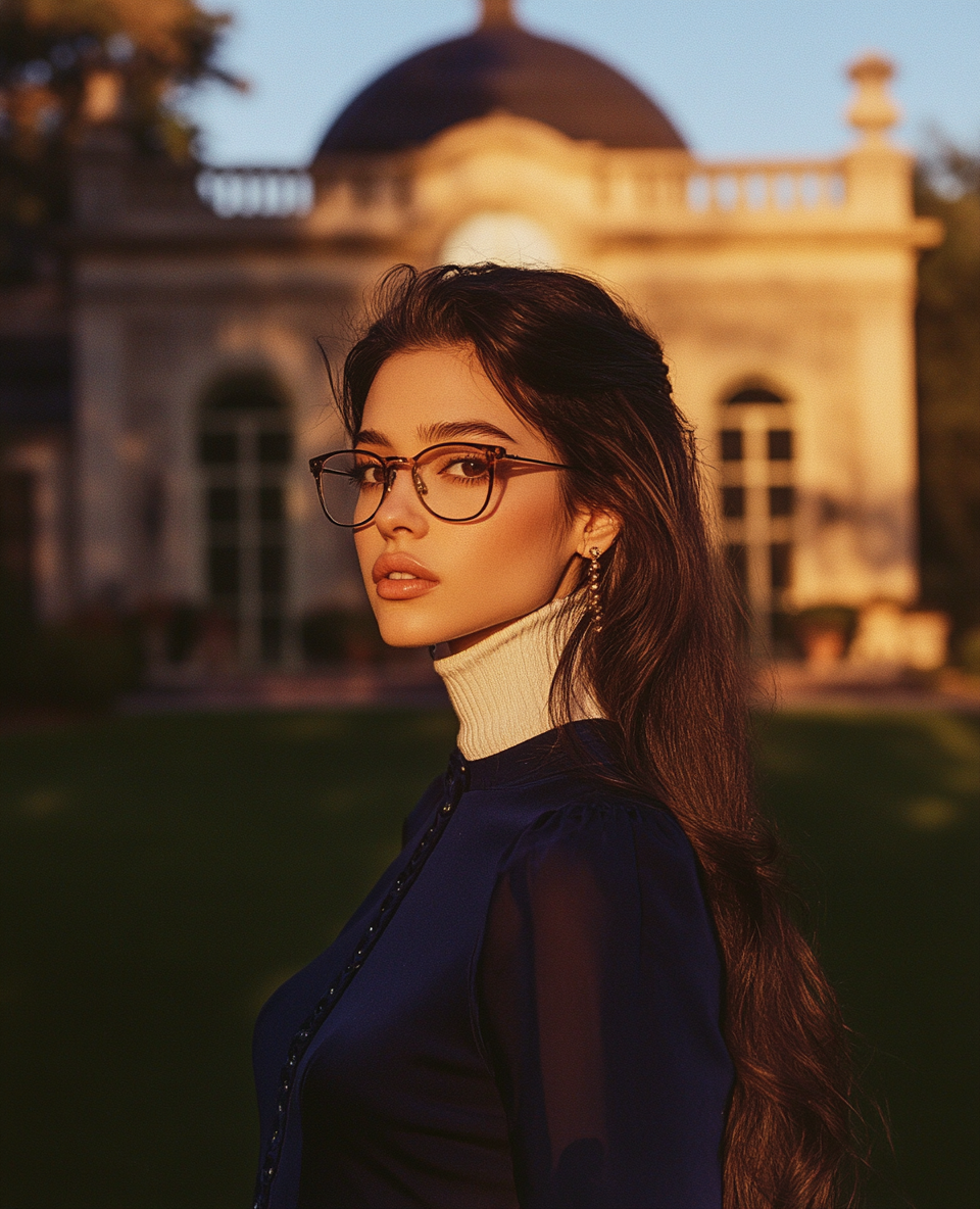 A woman in glasses in a garden at dusk