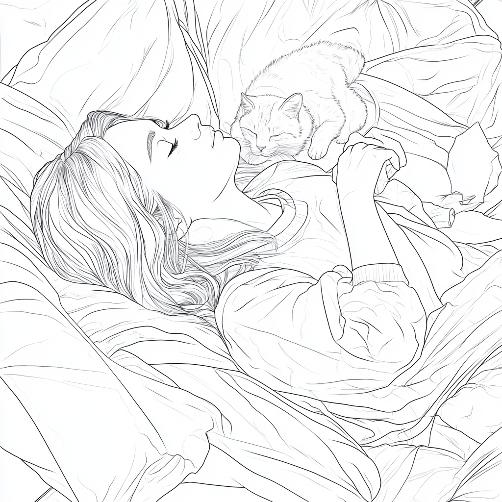 Coloring Page of woman in pajamas with her cat