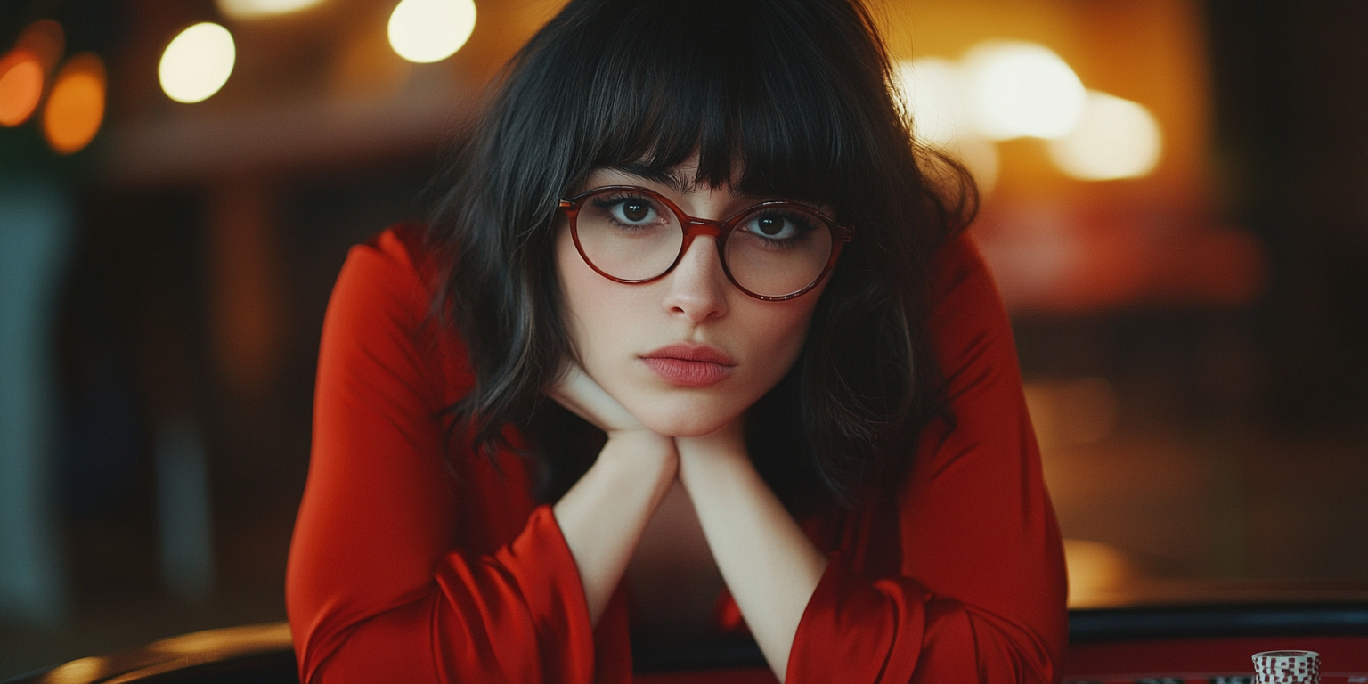 A woman in red dress plays Russian roulette