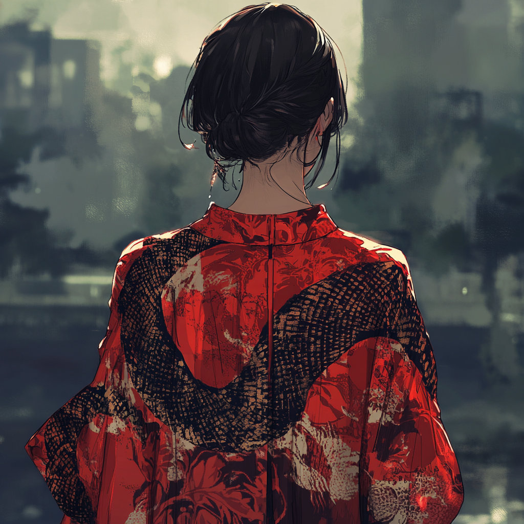 A woman in red snake-patterned clothes