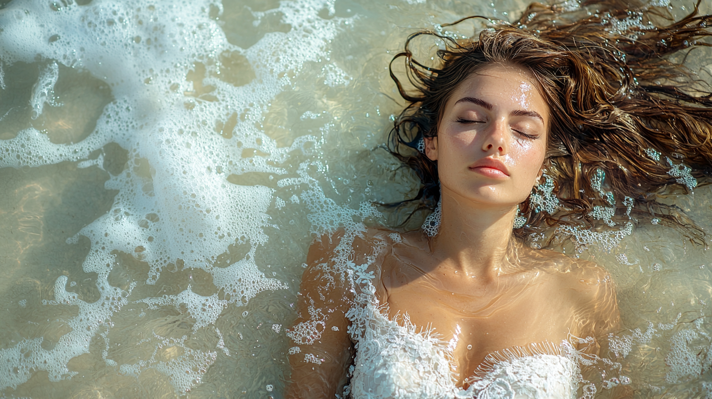 A woman in wedding gown lies underwater beautifully.