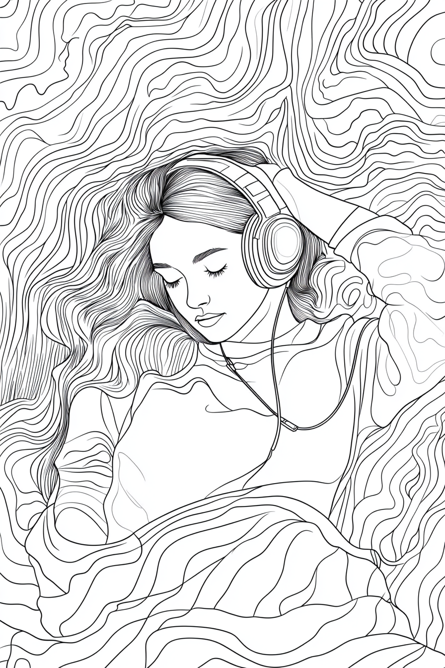 A woman listening to music in bed drawing