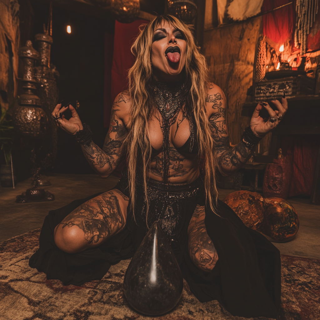 A woman meditating with tattoos sticks out tongue