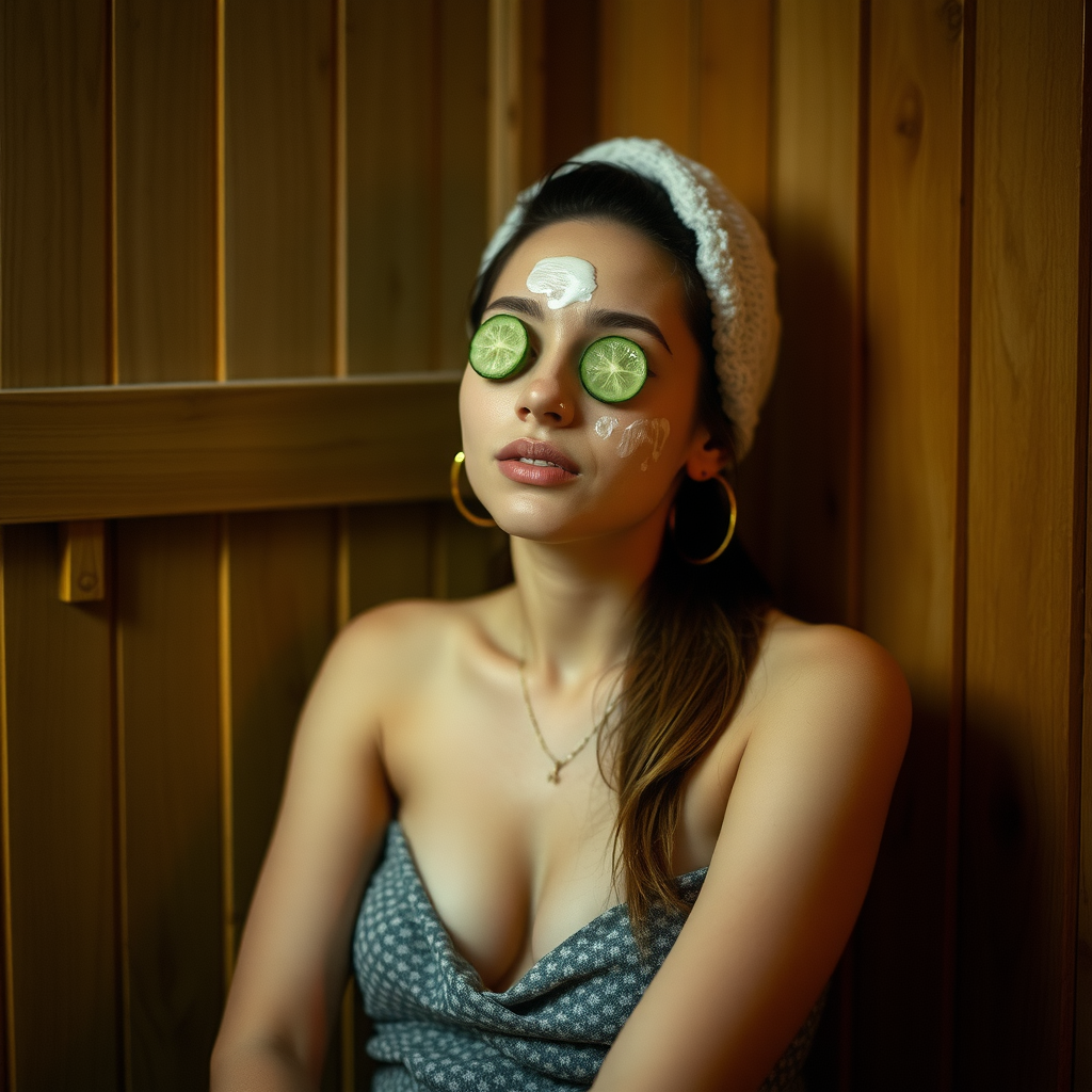 A woman relaxes in sauna with cucumber eyes.