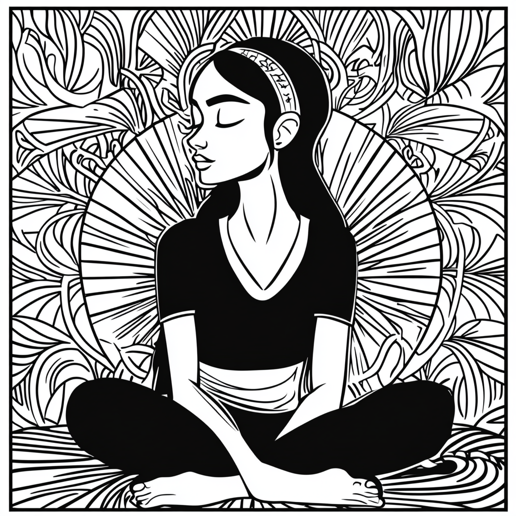 A woman relaxing in a cozy, zen coloring page