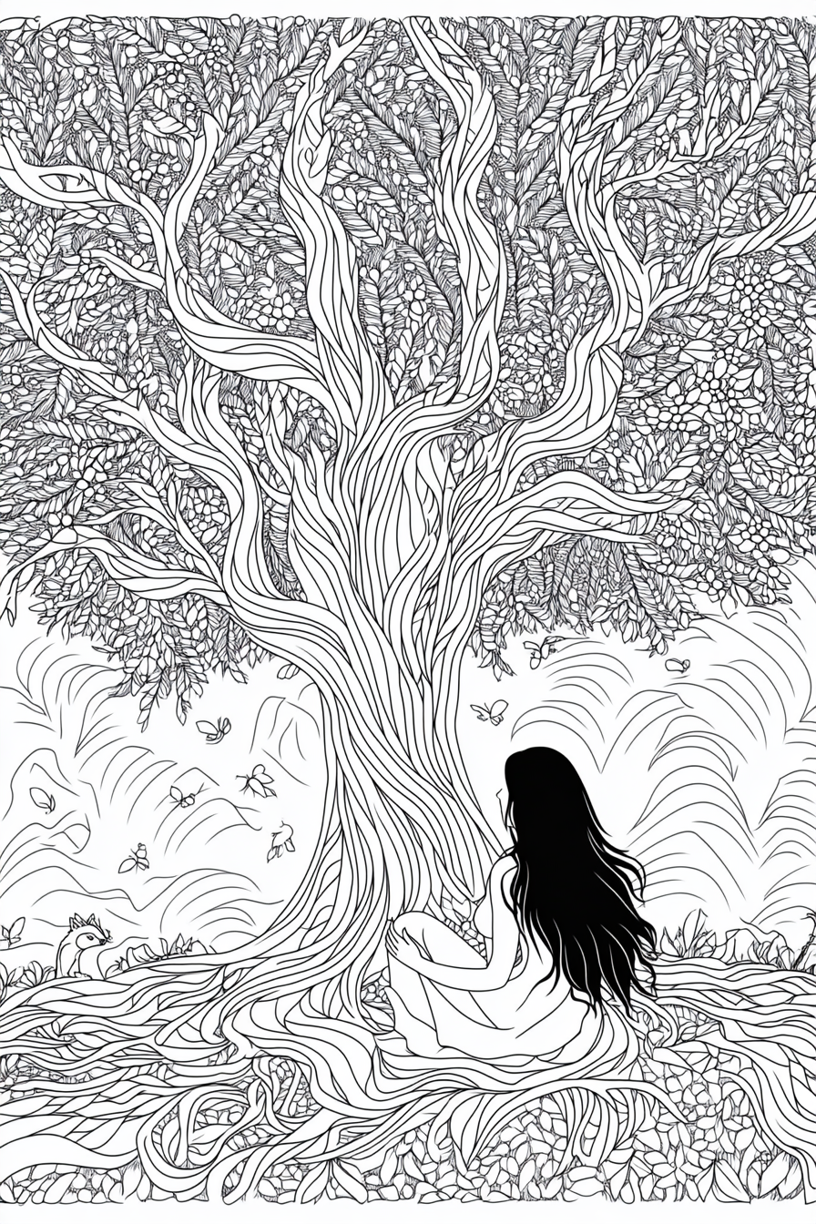 A woman resting under giant intricate nature scene